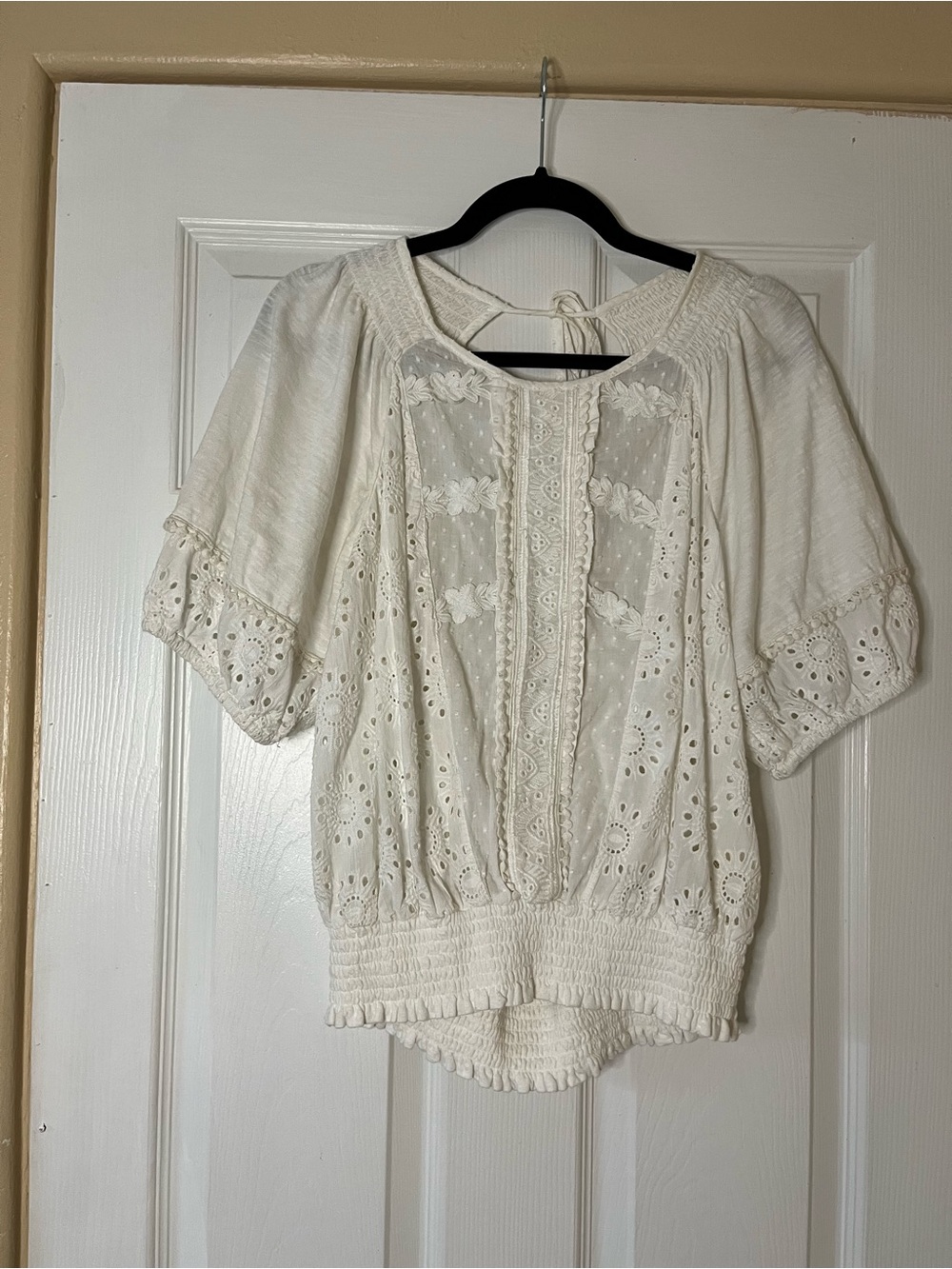 Anthropologie Porridge Freya Eyelet Lace Cotton Puff-Sleeve Blouse Open Back - Picture 4 of 11